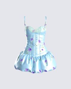 Have them all bowing down to you in this blue satin floral bubble dress 👑 Designed with a floral print satin charmeuse fabric and complete with lace contrast, a flattering corset top with bust cups, a playful bubble skirt, and adjustable straps for a flawless fit that exudes glamor and confidence 💙 PS. style runs small - size up! ✨ Bubble Outfit, Coachella Fits, Bubble Clothes, Black Off Shoulder Top, Strapless Ruffle Dress, Japanese Superheroes, Charmeuse Fabric, Bratz Inspired Outfits, Bubble Dress