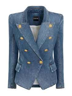 Material: Polyester, Cotton Denim fabric Fitted silhouette Structured shoulder pads Embellished with eight golden metal buttons Side pockets with flaps Sample size: S Delicate dry clean Protect accessory before washing Our Style No. ZC_OCHO Denim Blazer Denim Blazer Women, Balmain Denim, Edgy Glam, Womens Denim Skirts, Designer Runway, Blazer Jeans, Denim Blazer, Cow Boy, Denim Jacket Women