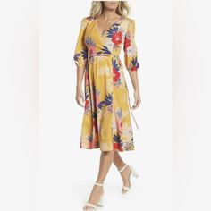 Nwot Eliza J Faux Wrap Floral Print Midi Dress Size 12 Size 12 Women, Lace Pink Dress, Eliza J Dresses, Lace Overlay Dress, Floral Print Midi Dress, Print Midi Dress, Yellow Lace, Eliza J, White Striped Dress