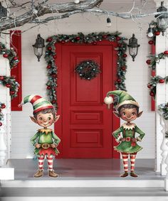 two elfs standing in front of a red door with christmas decorations on the porch