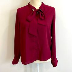 New With Tags! Same Day Shipping Luxury Red Collared Blouse, Elegant Red V-neck Blouse, Vintage Red Long Sleeve Blouse, Casual Red Blouse With 3/4 Sleeves, Chic Burgundy V-neck Blouse, Tie Neck Blouse, Tie Neck, Lady In Red, Neck Tie