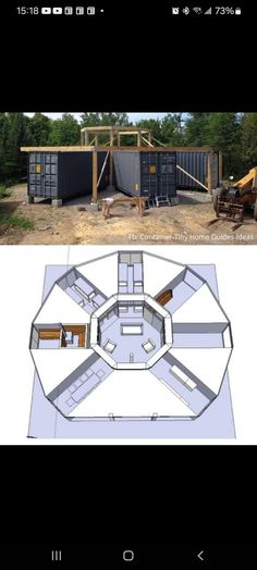 an image of a house made out of shipping containers and the floor plan for it