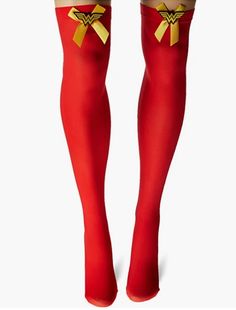 These officially licensed nylon elastic pull-on red thigh-high stockings with plastic Wonder Woman emblem and yellow ribbon are perfect for Halloween, cosplay, theme parties, watch parties and so much more! Shoes not included. Other costumes and accessories (tutus, corsets, masks) are sold separately on our page – subject to availability. One size fits adult standard (5'2" - 5'9" and 90-155 lbs.) Costumes typically run a little smaller than regular clothing sizes. Please purchase accordingly. Th Thigh High Legwear For Halloween Cosplay, Halloween Cosplay Stretch Hosiery, Stretch Hosiery For Halloween Cosplay, Thigh High Hosiery For Halloween Costume Party, Halloween Thigh High Legwear For Costume Party, Watch Party, Yellow Ribbon, Theme Parties, Thigh High Stockings