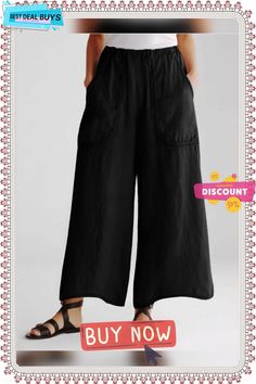 Solid Color Cotton Linen Pocket Wide Leg Pants Non-stretch Summer Harem Pants With Side Pockets, Casual Wide-leg Culottes With Pockets, Black Cotton Casual Culottes, Casual Black Cotton Culottes, Casual High Waist Baggy Culottes, Summer Wide-leg Harem Pants With Side Pockets, Casual Relaxed Fit Culottes With Pockets, Casual Culottes With Pockets And Relaxed Fit, High Waist Casual Culottes With Relaxed Fit