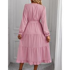 Pink Ruffled Hem V Neck Long Sleeve Casual Dress Women Dresses Casual, Casual Dress Women, Long Sleeve Casual Dress, Women Dresses, Long Sleeve Casual, Dresses Casual, Casual Dresses For Women, Casual Dress, Casual Dresses