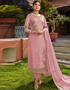 Dusty Pink Pant style Salwar Suit Faux Georgette Salwar Kameez in Embroidery Pink Floral Embroidered Pant Set For Eid, Floral Embroidered Pink Pant Set For Eid, Pink Long Sleeve Pant Set With Floral Embroidery, Pink Embroidered Pant Set For Wedding, Pink Long Sleeve Georgette Churidar, Fitted Georgette Pant Set For Eid, Pink Long Sleeve Churidar, Pink Long Sleeve Georgette Palazzo Set, Pink Long Sleeve Churidar For Spring