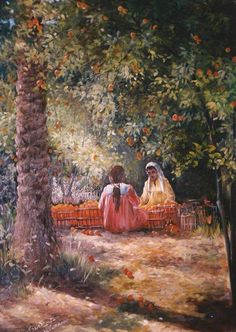 two women sitting on a bench under an orange tree