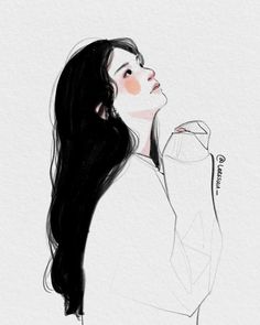 a drawing of a woman with long black hair holding her hand to her chest and looking up