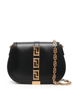 black calf leather/lambskin signature La Greca print engraved logo gold-tone hardware foldover top single shoulder strap internal card slot Versace Bag, Versace Bags, Large Shoulder Bags, Designer Shoulder Bags, Looks Chic, Small Shoulder Bag, Bags Designer Fashion, Lambskin Leather, Leather Shoulder Bag