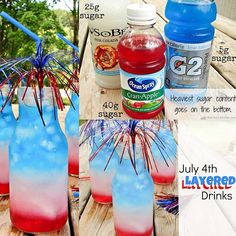 four different shots of patriotic drinks on a picnic table