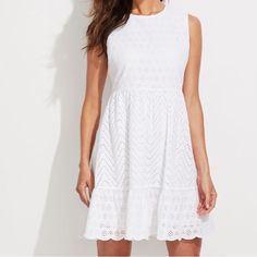 Nwt-Vineyard Vines Allamanda Eyelet Sleeveless Fit N Flare Dress In White Cotton Eyelet Goes Easily From Day To Evening On This Sweet Dress In A Mix Of Floral And Chevron Designs. Fitted At Top Of The Bodice Crew-Neckline Center Back Zipper Fully Lined 100% Cotton Size 2 Bust 32”(16” Pit To Pit)Waist 28”Shoulder To Hem 34” Sleeveless Dress With Cutwork Hem For Spring, Sleeveless Dress With Cutwork Hem For Vacation, Sleeveless Vacation Dress With Cutwork Hem, Sleeveless Cutwork Hem Dress For Vacation, Sleeveless Daywear Dresses With Cutwork Hem, Spring Sleeveless Dress With Cutwork Hem, Summer Sleeveless Mini Dress With Cutwork Hem, Sleeveless Summer Mini Dress With Cutwork Hem, Fitted Sleeveless Eyelet Mini Dress