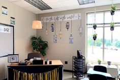 an office decorated with hanging plants and decorations