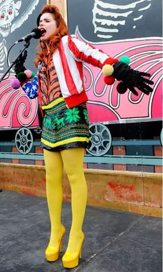 Crazy Colorful Outfits, Mustard Tights, Geek Outfit, Colourful Tights, Coloured Tights, Colorful Tights, Color Tights, Southern Belle Dress