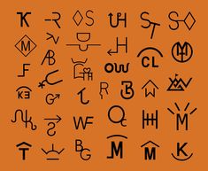 the alphabet is made up of letters and numbers in black ink on an orange background