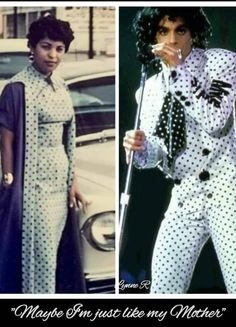 two pictures of the same woman in different outfits, one is wearing a polka dot suit