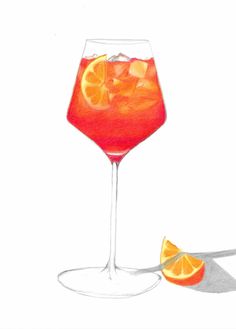 a drawing of an orange drink in a wine glass with slices of orange on the rim