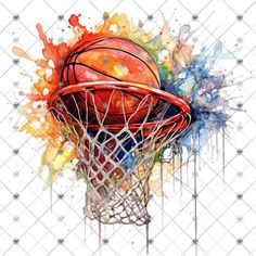 a basketball going through the net with paint splatters on it's sides