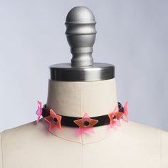 Apatico - Superstar Choker Collar - Stars - Neon UV - PVC - Clubkids Trendy Pink Festival Choker, Adjustable Pink Choker For Festivals, Adjustable Multicolor Rave Choker, Pink Rave Jewelry For Festival, Adjustable Rave Choker For Festival, Adjustable Black Rave Choker, Pink Punk Choker For Gift, Pink Punk Choker As A Gift, Pink Punk Choker As Gift