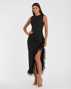 Sleeveless Faux Wrap Dress with Feather Detail Black Dress With Feather Trim, Feather Trim Black Dress, Cocktail V-neck Dress With Feather Trim, Black Feather Trimmed Dress, Luxury Black Feathered Mini Dress, Style Vert, Mac Duggal, Faux Wrap Dress, Crepe Fabric