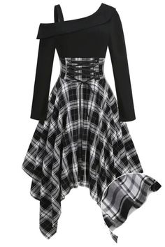 Embrace vintage charm with this plaid asymmetrical hem dress, featuring a stylish cold shoulder design and long sleeves. The unique hemline adds a modern twist to a classic pattern, making it a standout choice for a fashionable and elegant look. Perfect for any occasion. Fall Patchwork Dress With Asymmetrical Hem, Elegant Asymmetrical Patchwork Dress, Elegant Fall Dress With Handkerchief Hem, Elegant Handkerchief Hem Fall Dress, Asymmetrical Fitted Dress For Fall, Asymmetrical Midi Dress For Fall, Fitted Fall Dress With Asymmetrical Hem, Fitted High-low Hem Dress For Fall, Fitted Midi Dress With Asymmetrical Hem For Winter