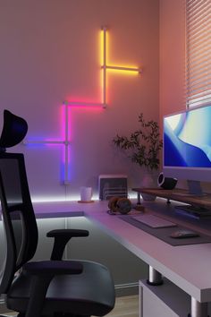 A PC gaming setup with Nanoleaf Lines 90 Degrees on the wall Ultimate Gaming Setup, Color Outside The Lines, Pc Gaming Setup, Screen Mirroring, Bar Set Up, Pc Setup, Light Music