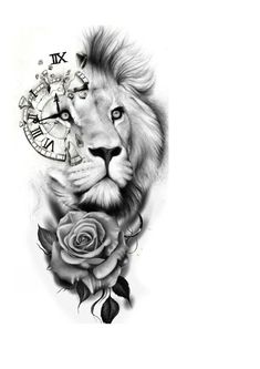 a black and white drawing of a lion with a rose on it's side