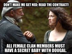 a man and woman standing next to each other with the caption don't make me get red, read the contact all female clan members must have a secret baby with douglas