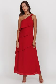 Delwyn One-Shoulder Maxi Dress Red Pink Dress Shoes, Maxi Dress Red, Red Maxi Dress, A Line Maxi Dress, Brunch Dress, Grad Dresses, Dinner Date, Iron Material, Date Night Dresses