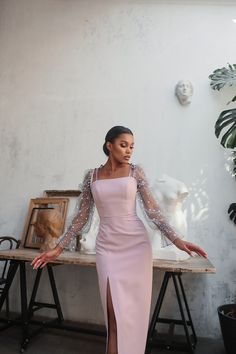 Bodycon Dress with Slit and Mesh Sleeves | BOJONI Gaun Koktail, Lace Dress Classy, Dinner Party Dress, Dress Outfits Party, Body Con Dress Outfit, Gaun Fashion, Women Lace Dress, Elegant Dresses For Women, Mesh Sleeves