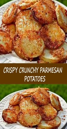 crispy crunchy parmesan potatoes on a white plate with green grass in the background