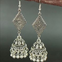 These Vintage Style Earrings Are Simply Gorgeous.. Silver Dangle Earrings With Tassels, Silver Latkan Tassel Drop Earrings, Silver Tassel Dangle Earrings, Silver Dangle Tassel Earrings With Latkans, Silver Bohemian Chandelier Earrings With Tassels, Metal Tassel Dangle Earrings With Latkans, Silver Tassel Earrings For Festivals, Elegant Dangle Tassel Earrings For Festivals, Tassel Metal Earrings For Festival