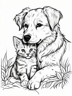 a drawing of a dog and kitten sitting in the grass with their head on each other's chest