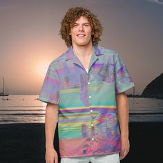 "🌆🎶 \"Nostalgia Broadcast\" Vaporwave Festival Button Down Shirt: A Retro-Futuristic Odyssey 🎶🌆 Dive into the digital dreamscape of the \"Nostalgia Broadcast\" Button Down Shirt, your ultimate companion for summer festivals and beyond. Crafted for those who live at the crossroads of past and future, this shirt is a wearable tribute to the neon-drenched nostalgia of the '80s and the visionary essence of vaporwave culture. Designed to keep you cool and stylish with its lightweight, moisture-wicking fabric, it's perfect for the rave scene, Y2K celebrations, or any EDM event where making a bold statement is the name of the game. 🌴✨ Design & Comfort Fusion: Retro Futurism at its Finest: Featuring a mesmerizing blend of neon glows, cyberpunk vibes, and iconic '80s television aesthetics, set Button-up Short Sleeve Beach Shirt, Button-up Vacation Shirt, Hawaiian Shirt With Button Closure For Beach, Beach Hawaiian Shirt With Button Closure, Vacation Button-up Shirt, Relaxed Fit Hawaiian Shirt For Beach, Hawaiian Button-up Shirt For Vacation, Vacation Hawaiian Shirt With Button-up Closure, Trendy Collared Shirt For Beach