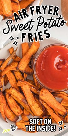 an advertisement for air fryer sweet potato fries with ketchup on the side