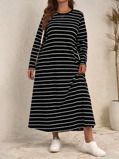 Women's Plus Size Long Sleeve Striped Long Dress Black Casual  Long Sleeve Knitted Fabric Striped Tee Medium Stretch  Women Plus Clothing, size features are:Bust: ,Length: ,Sleeve Length: Casual Black Long Sleeve Maxi Dress, Casual Long Sleeve Striped Midi Dress, Casual Striped Long Sleeve Midi Dress, Casual Striped Midi Dress For Fall, Striped Long Sleeve Dress For Fall, Casual Striped Long Sleeve Sweater Dress, Long Striped Dress, Striped Tee, Black Casual