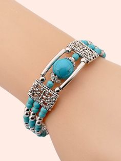 Blue  Collar  Stone   Embellished   Women Fashion Jewelry Blue Bohemian Bangle Stretch Bracelet, Elegant Turquoise Beaded Metal Bracelets, Bohemian Turquoise Beaded Metal Bracelets, Adjustable Light Blue Bohemian Bracelets, Blue Bohemian Metal Bracelets, Bohemian Blue Metal Bracelets, Bohemian Blue Metal Bracelet, Bohemian Light Blue Bracelet, Turquoise Beaded Metal Bracelet