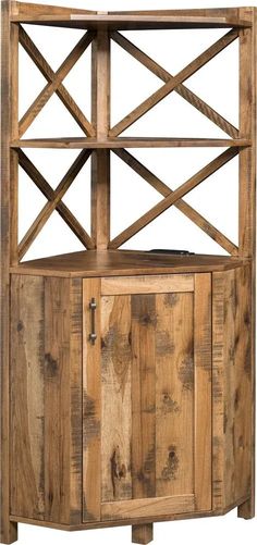 a wooden corner cabinet with two doors and one shelf on the bottom, in front of a white background