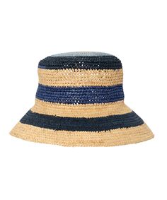 Tropic Stripe Hat in color Sea Blue Adjustable Bucket Hat For Vacation, Blue Summer Sun Hat For Day Out, Navy Casual Bucket Hat For Beach, Blue Brimmed Sun Hat For Day Out, Navy Casual Bucket Hat For The Beach, Chic Packable Straw Hat For Vacation, Casual Navy Bucket Hat For Beach, Blue Wide-brim Hat For Day Out, Blue Wide Brim Hat For Day Out