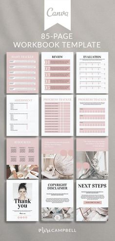 the workbook template is shown in pink and grey colors, with an image of a woman