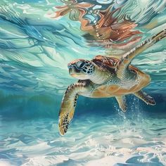 a painting of a turtle swimming in the ocean