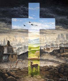 a painting of a cross in the middle of a landscape with birds flying over it