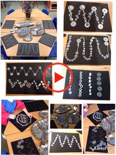 several pictures of different types of necklaces on a table with black and white papers