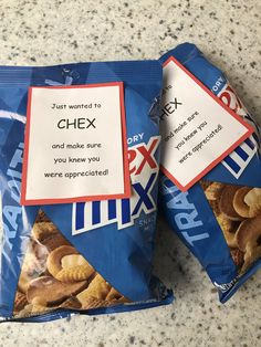 two bags of chex sitting on top of a counter