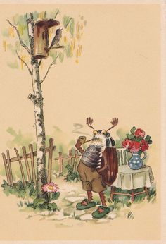 an old postcard with a cartoon character next to a tree and birdhouse in the background