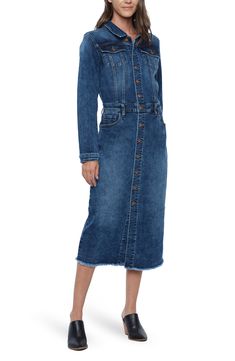 Two of your favorite denim pieces are fused together (fabulously) in a denim dress turned to a forever-loved, faded wash. 47" to 49" length Front button closure Spread collar Long sleeves with one-button cuffs Chest button-flap pockets; coin pocket; scoop pockets; back patch pockets 94% cotton, 5% polyester, 1% spandex or 75% cotton, 23% polyester, 2% spandex Machine wash, tumble dry Imported Point of View Dyed Denim, Denim Midi Dress, Denim Shirt Dress, Point Of View, Nordstrom Dresses, Denim Dress, Stretch Denim, Polyester Spandex, Denim Skirt