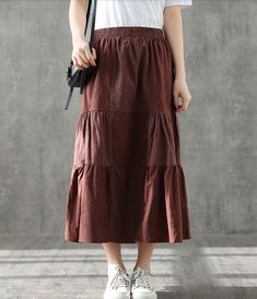 Casual Cotton Linen loose fitting Women's Skirts Casual Brown Solid Color Skirt, Non-stretch Long Brown Skirt, Non-stretch Brown Long Skirt, Brown Solid Color Long Skirt, Non-stretch Brown Skirt With Pockets, Non-stretch Brown Cotton Skirt, Brown Casual Midi Skirt, Casual Brown Midi Skirt, Brown Cotton Long Skirt