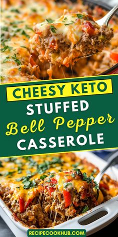 cheesy keto stuffed beef bell pepper casserole in a white baking dish