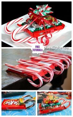 some candy canes are stacked on top of each other and tied together with ribbons