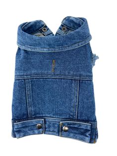 Denim Vest with D/N topstitch on back yoke, seams & armhole. Your pup will strut with attitude with added features of back tabs, gunmetal hardware, frayed armholes & an authentic denim wash. Made from repurposed denim. Medium Wash Denim Cutoff Tops, Dark Wash Denim Top With Frayed Hem, Medium Wash Denim Tops With Pockets, Denim Tops With Pockets In Medium Wash, Distressed Cotton Denim Top In Dark Wash, Denim Blue Denim Vest With Frayed Hem, Cutoff Denim Blue Cotton Tops, Dark Wash Denim Vest With Frayed Hem, Medium Wash Cotton Cutoff Tops