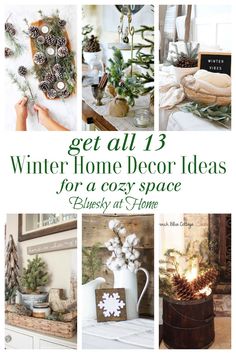 a collage of photos with pine cones and other decorations